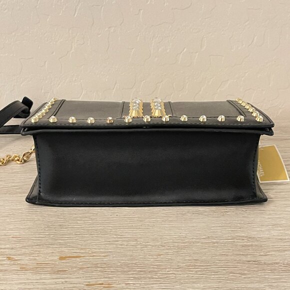 New Michael Kors Crossbody Bag Black Gold Rhinestone Crystal Studs Chain Flap MK - Picture 8 of 14